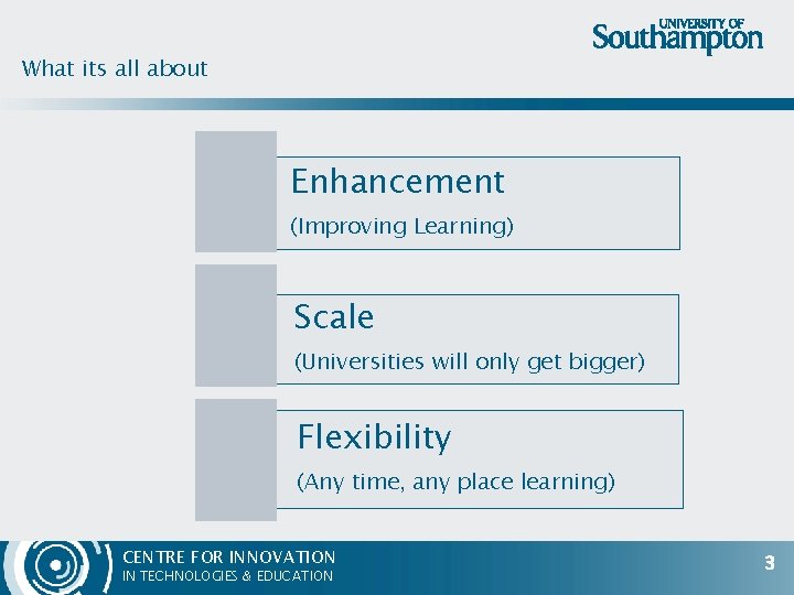 What its all about Enhancement (Improving Learning) Scale (Universities will only get bigger) Flexibility