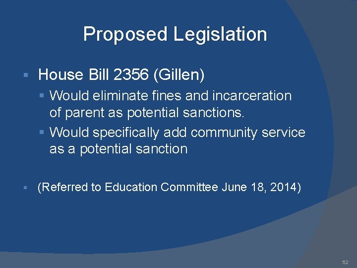Proposed Legislation § House Bill 2356 (Gillen) § Would eliminate fines and incarceration of