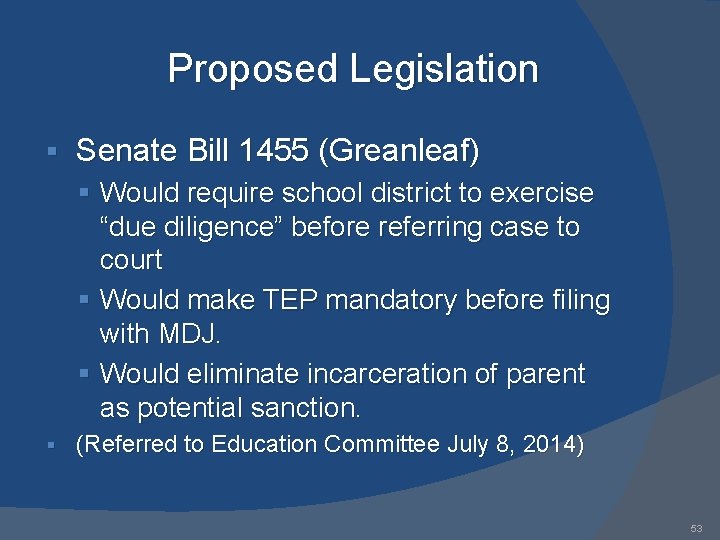Proposed Legislation § Senate Bill 1455 (Greanleaf) § Would require school district to exercise