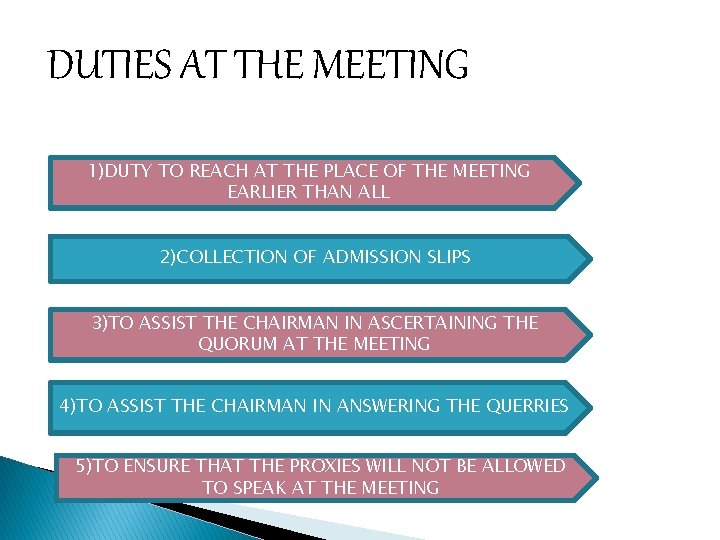 DUTIES AT THE MEETING 1)DUTY TO REACH AT THE PLACE OF THE MEETING EARLIER