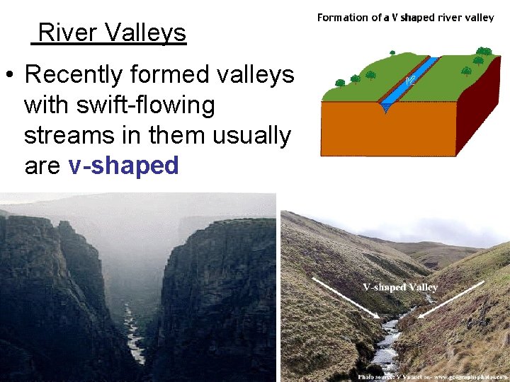 River Valleys • Recently formed valleys with swift-flowing streams in them usually are v-shaped River Valleys • Recently formed valleys with swift-flowing streams in them usually are v-shaped
