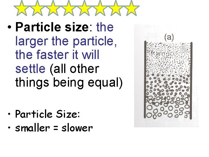 • Particle size: the larger the particle, the faster it will settle (all • Particle size: the larger the particle, the faster it will settle (all