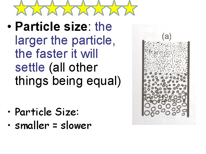  • Particle size: the larger the particle, the faster it will settle (all