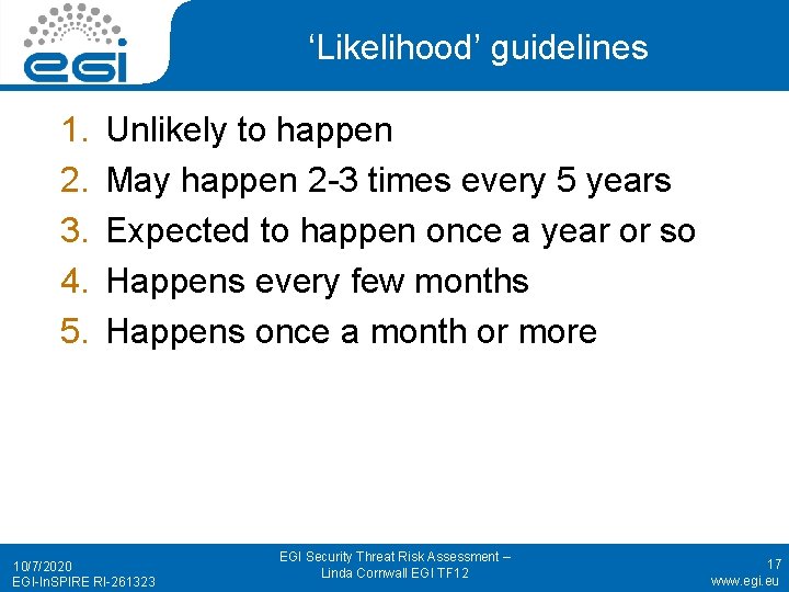 ‘Likelihood’ guidelines 1. 2. 3. 4. 5. Unlikely to happen May happen 2 -3