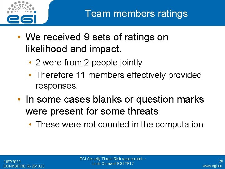 Team members ratings • We received 9 sets of ratings on likelihood and impact.