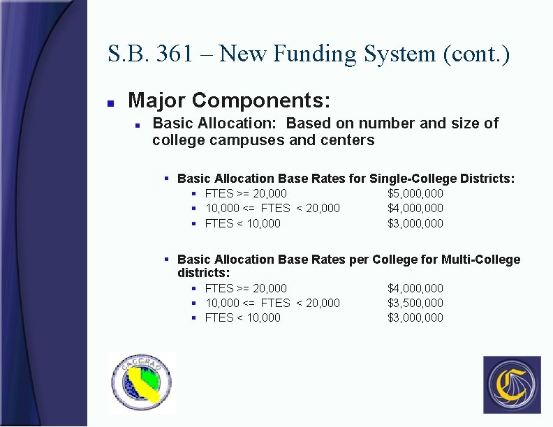 S. B. 361 – New Funding System (cont. ) n Major Components: n Basic