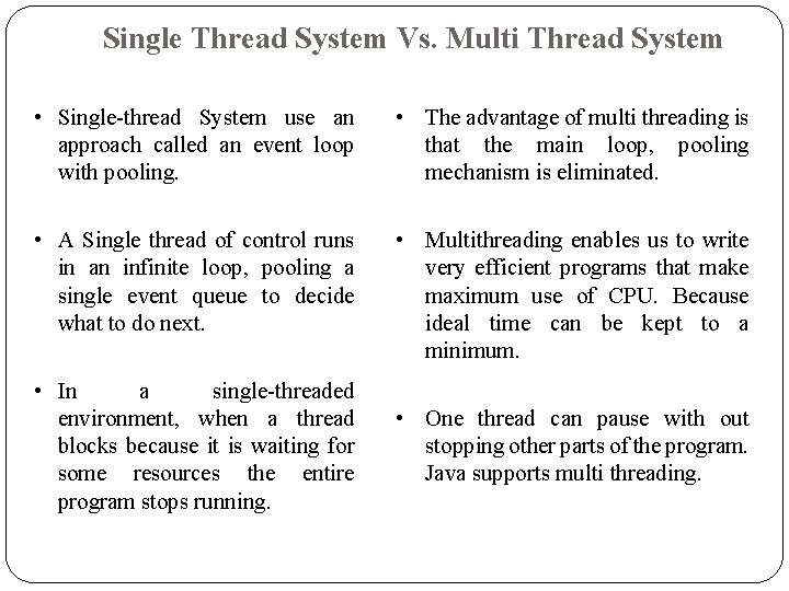 Single Thread System Vs. Multi Thread System • Single-thread System use an approach called