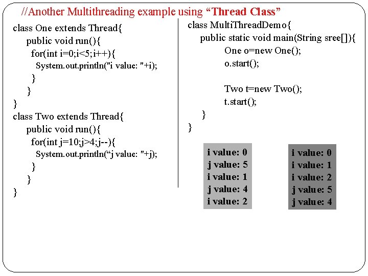 //Another Multithreading example using “Thread Class” class One extends Thread{ public void run(){ for(int