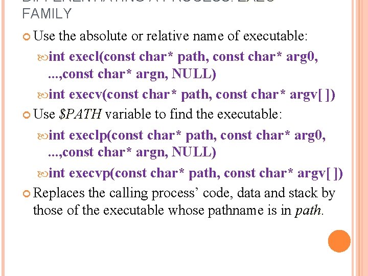 DIFFERENTIATING A PROCESS: EXEC FAMILY Use the absolute or relative name of executable: int