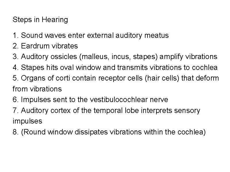 Steps in Hearing 1. Sound waves enter external auditory meatus 2. Eardrum vibrates 3.