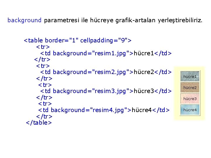 background parametresi ile hücreye grafik-artalan yerleştirebiliriz. <table border="1" cellpadding="9"> <tr> <td background="resim 1. jpg">hücre