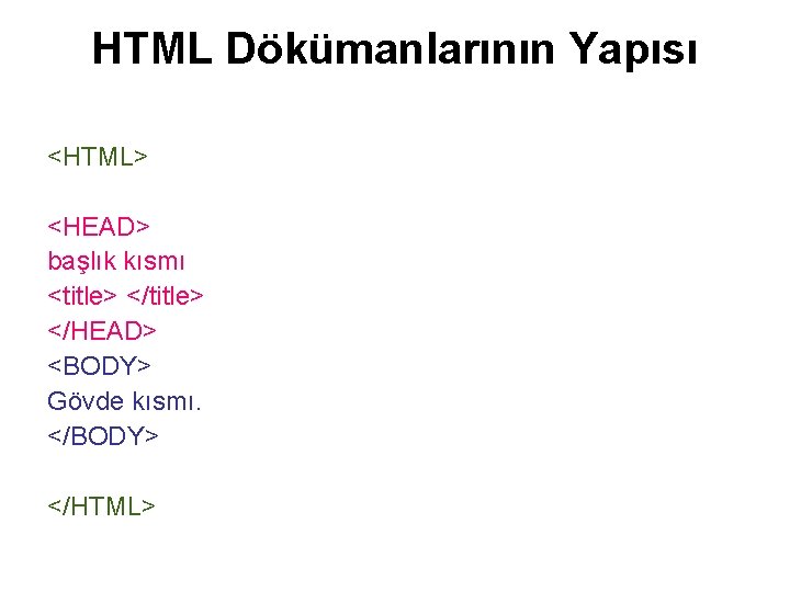 HTML Dökümanlarının Yapısı <HTML> <HEAD> başlık kısmı <title> </HEAD> <BODY> Gövde kısmı. </BODY> </HTML>