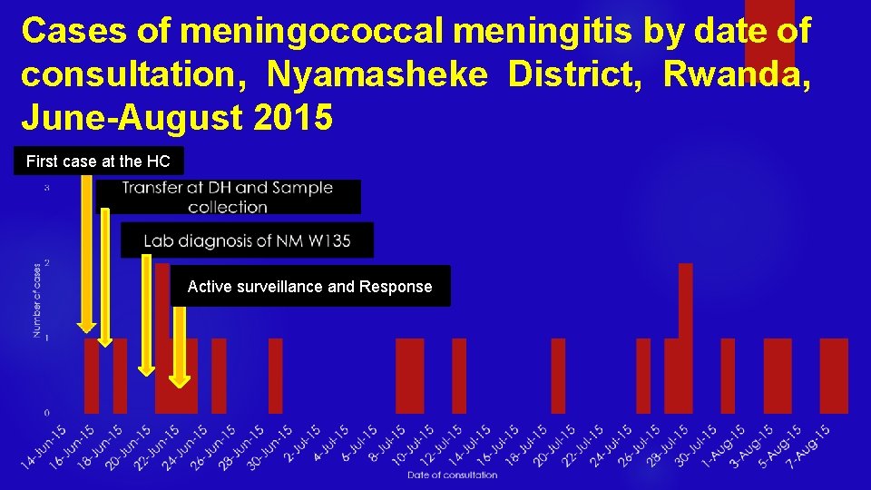 Cases of meningococcal meningitis by date of consultation, Nyamasheke District, Rwanda, June-August 2015 First