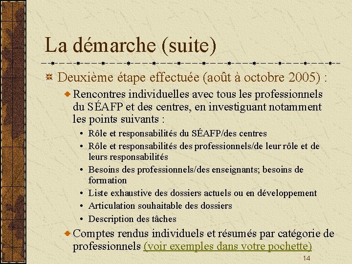 La démarche (suite) Deuxième étape effectuée (août à octobre 2005) : Rencontres individuelles avec