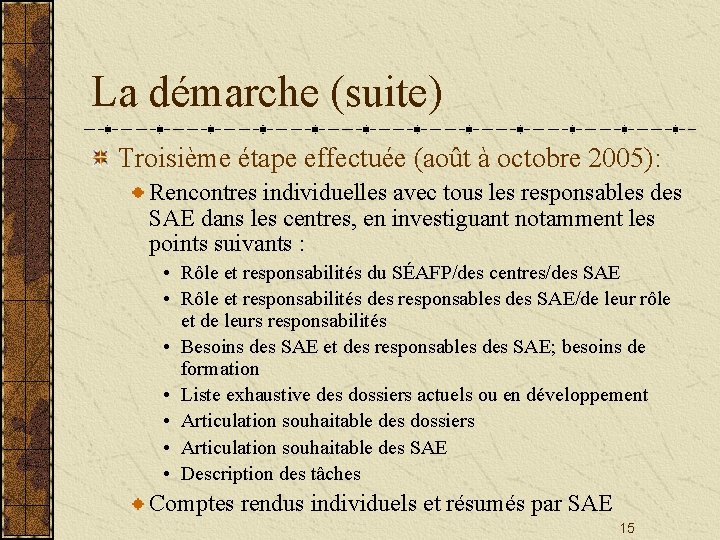 La démarche (suite) Troisième étape effectuée (août à octobre 2005): Rencontres individuelles avec tous