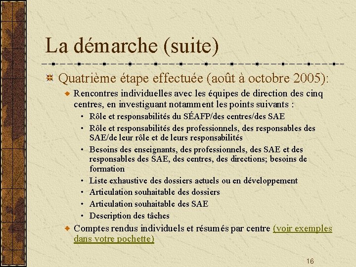 La démarche (suite) Quatrième étape effectuée (août à octobre 2005): Rencontres individuelles avec les