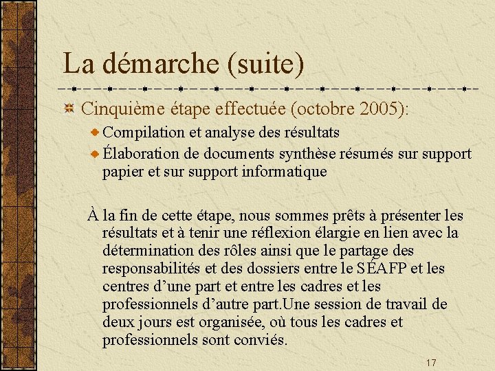 La démarche (suite) Cinquième étape effectuée (octobre 2005): Compilation et analyse des résultats Élaboration