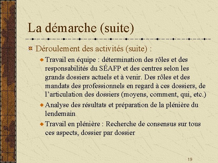 La démarche (suite) Déroulement des activités (suite) : Travail en équipe : détermination des