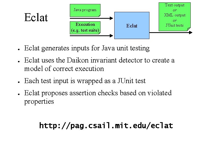 Eclat ● ● Java program Execution (e. g. test suite) Eclat Text output or