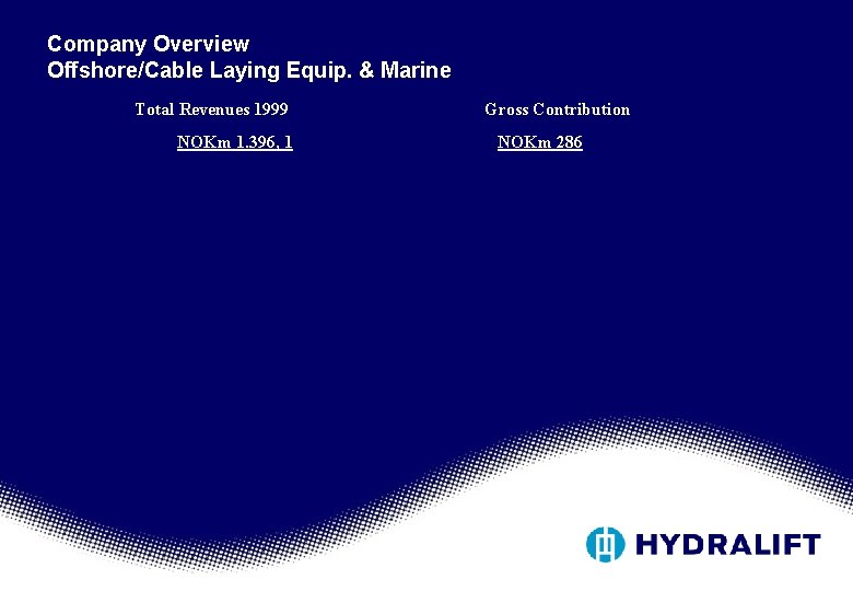 Company Overview Offshore/Cable Laying Equip. & Marine Total Revenues 1999 NOKm 1. 396, 1 Company Overview Offshore/Cable Laying Equip. & Marine Total Revenues 1999 NOKm 1. 396, 1