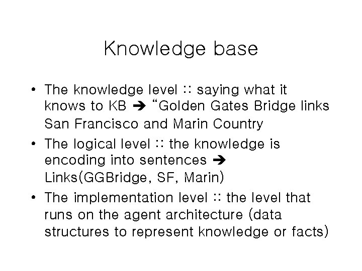 Knowledge base • The knowledge level : : saying what it knows to KB