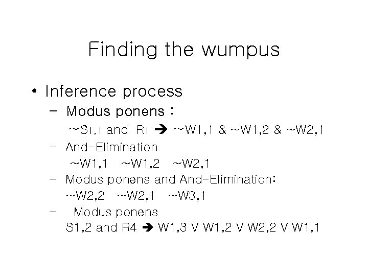 Finding the wumpus • Inference process – Modus ponens : ~S 1, 1 and