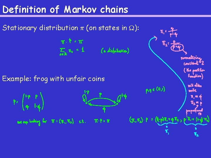 Definition of Markov chains Stationary distribution ¼ (on states in ): Example: frog with