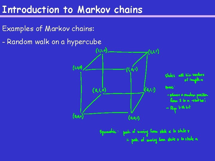 Introduction to Markov chains Examples of Markov chains: - Random walk on a hypercube