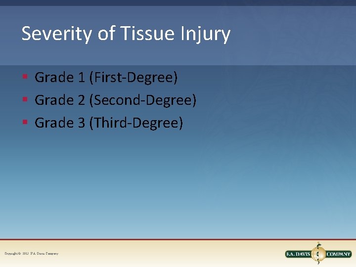 Severity of Tissue Injury § Grade 1 (First-Degree) § Grade 2 (Second-Degree) § Grade