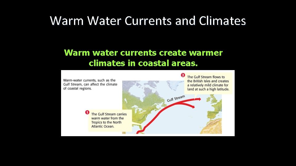 Warm Water Currents and Climates Warm water currents create warmer climates in coastal areas.