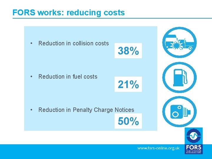 FORS works: reducing costs • Reduction in collision costs • Reduction in fuel costs