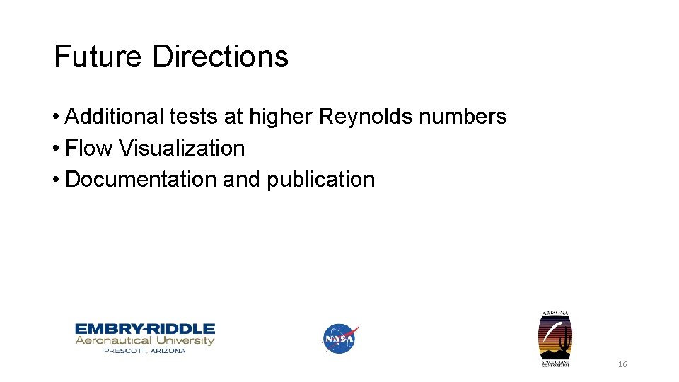 Future Directions • Additional tests at higher Reynolds numbers • Flow Visualization • Documentation