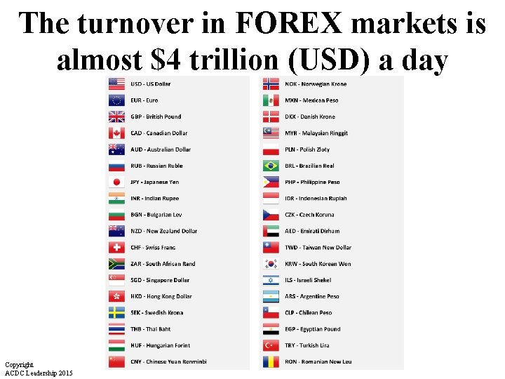 The turnover in FOREX markets is almost $4 trillion (USD) a day Copyright ACDC