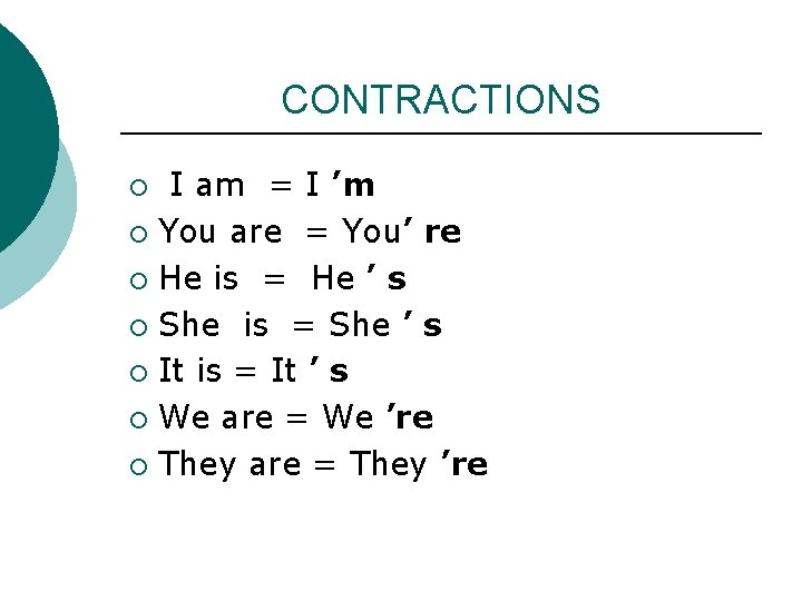 CONTRACTIONS I am = I ’m ¡ You are = You’ re ¡ He CONTRACTIONS I am = I ’m ¡ You are = You’ re ¡ He