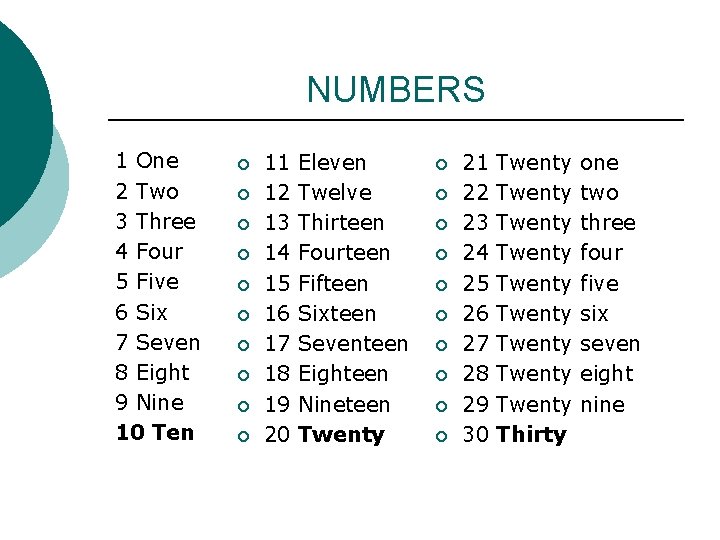 NUMBERS 1 One 2 Two 3 Three 4 Four 5 Five 6 Six 7 NUMBERS 1 One 2 Two 3 Three 4 Four 5 Five 6 Six 7