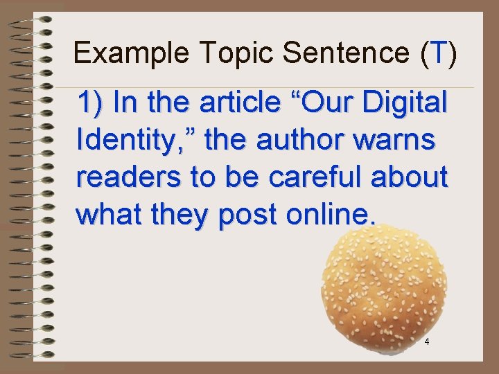 Example Topic Sentence (T) 1) In the article “Our Digital Identity, ” the author
