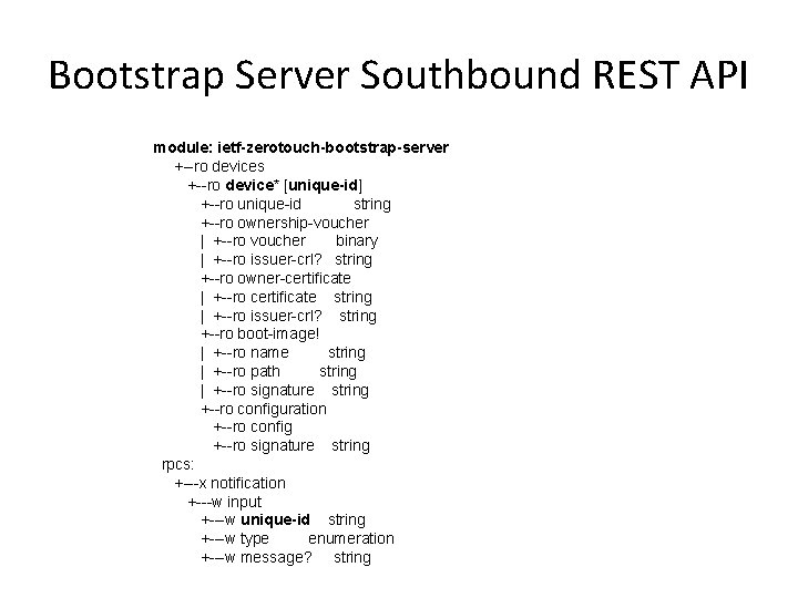 Bootstrap Server Southbound REST API module: ietf-zerotouch-bootstrap-server +--ro devices +--ro device* [unique-id] +--ro unique-id