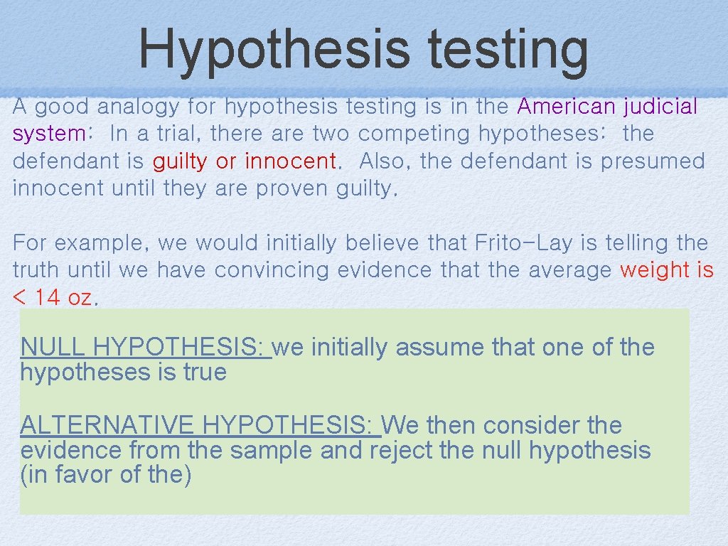 Hypothesis testing A good analogy for hypothesis testing is in the American judicial system: