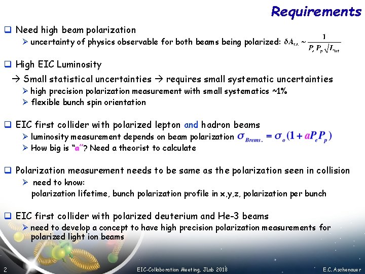 Requirements q Need high beam polarization Ø uncertainty of physics observable for both beams
