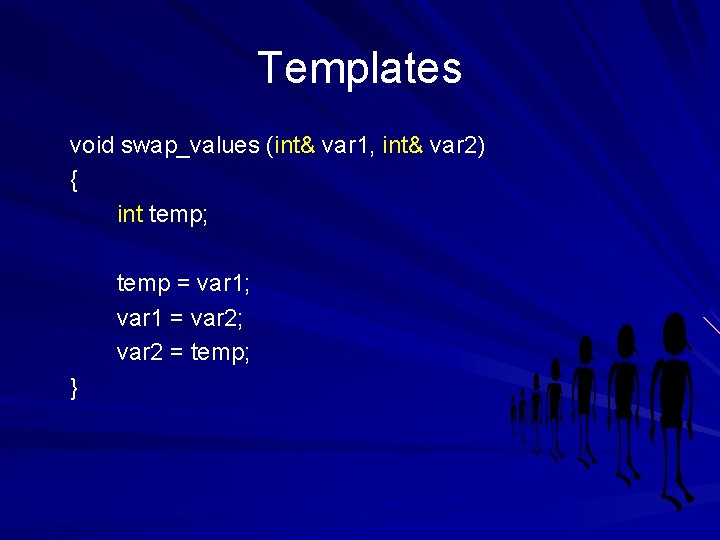 Templates void swap_values (int& var 1, int& var 2) { int temp; temp =