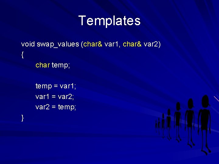 Templates void swap_values (char& var 1, char& var 2) { char temp; temp =