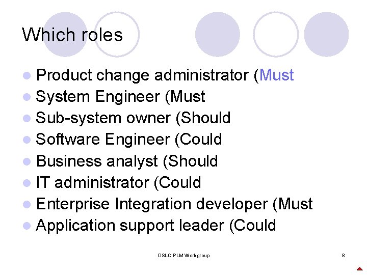 Which roles l Product change administrator (Must l System Engineer (Must l Sub-system owner