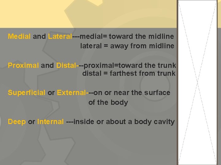 Medial and Lateral---medial= toward the midline lateral = away from midline Proximal and Distal---proximal=toward