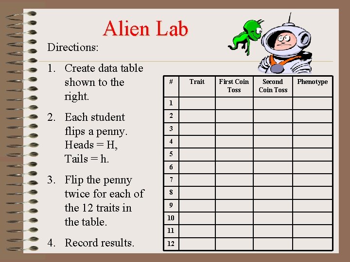 Directions: Alien Lab 1. Create data table shown to the right. # 1 2.