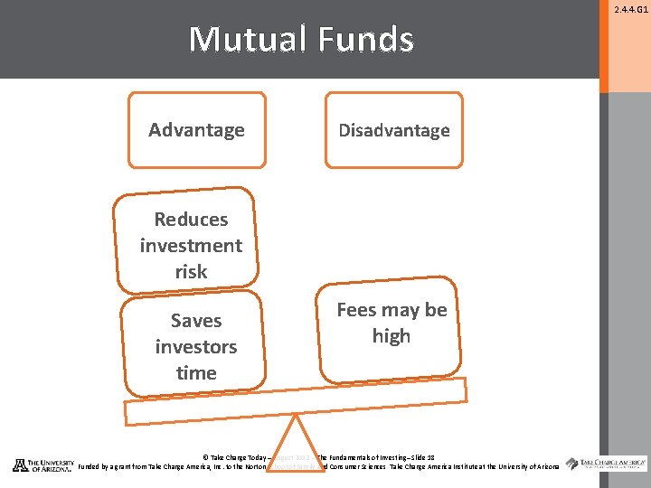 Mutual Funds Advantage Disadvantage Reduces investment risk Saves investors time Fees may be high
