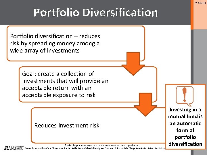 2. 4. 4. G 1 Portfolio Diversification Portfolio diversification – reduces risk by spreading
