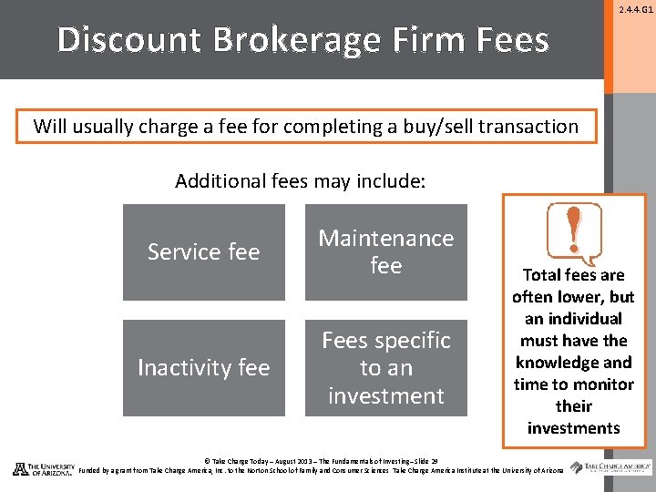 Discount Brokerage Firm Fees 2. 4. 4. G 1 Will usually charge a fee