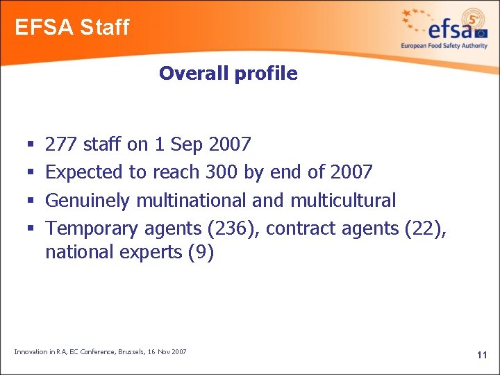 EFSA Staff Overall profile § § 277 staff on 1 Sep 2007 Expected to