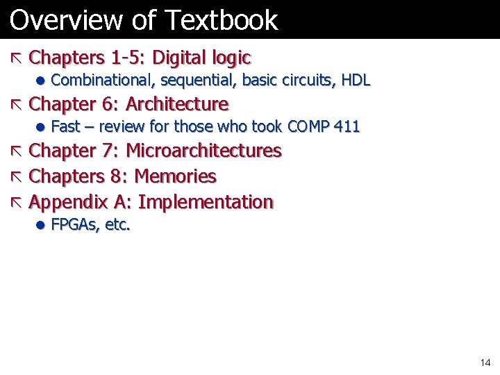 Overview of Textbook ã Chapters 1 -5: Digital logic l Combinational, sequential, basic circuits,