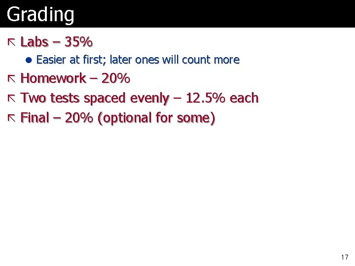 Grading ã Labs – 35% l Easier at first; later ones will count more